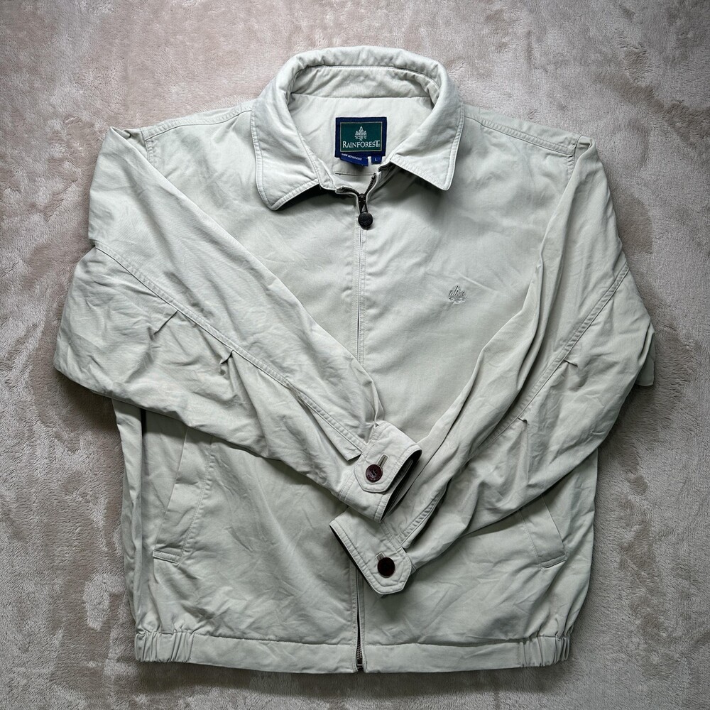 Rainforest Jacket Mens Large Light Gray Zip Front Cotton Tencel Harrington Logo